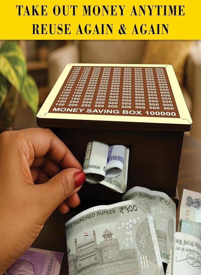 BELOXY صندوق توفير المال من بيلوكسي للأطفال والكبار | حصالة نقود خشبية بقفل | حصالة كبيرة الحجم، هدفها 200 ألف روبية | صندوق توفير برقم 100 ألف روبية | صندوق تبرعات جديد ذهبي اللون (100 ألف روبية) - Image 4
